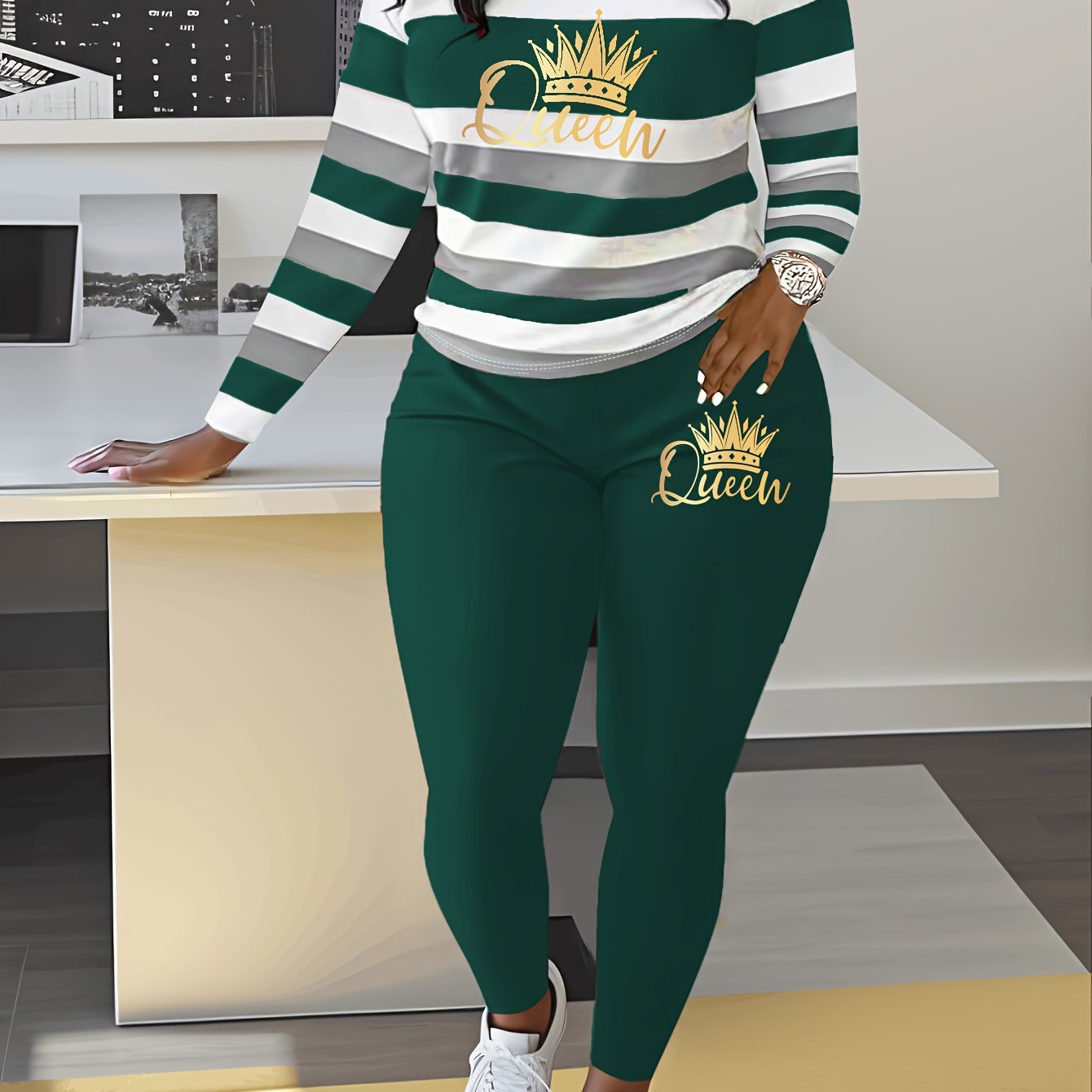 Women's Striped Crown Print Casual Tracksuit Set - Polyester & Elastane Knit Crew Neck Long Sleeve Top with Pants, No Belt - Fall/Winter Cozy Loungewear Suit (1 Top + 1 Pants)